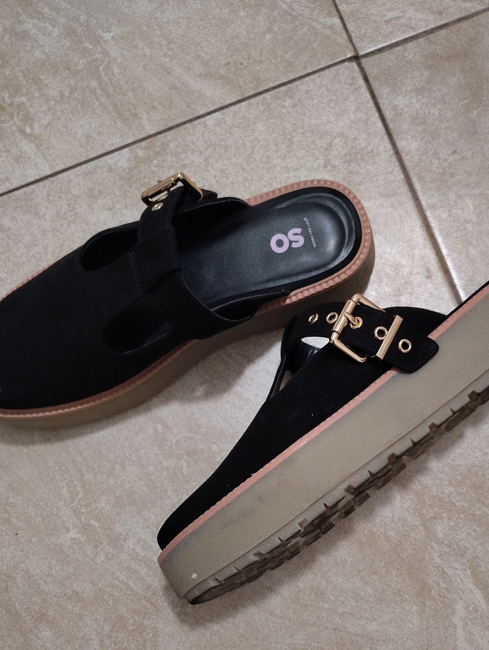 SO Black Suede Buckle Platform Mules with Pink Trim